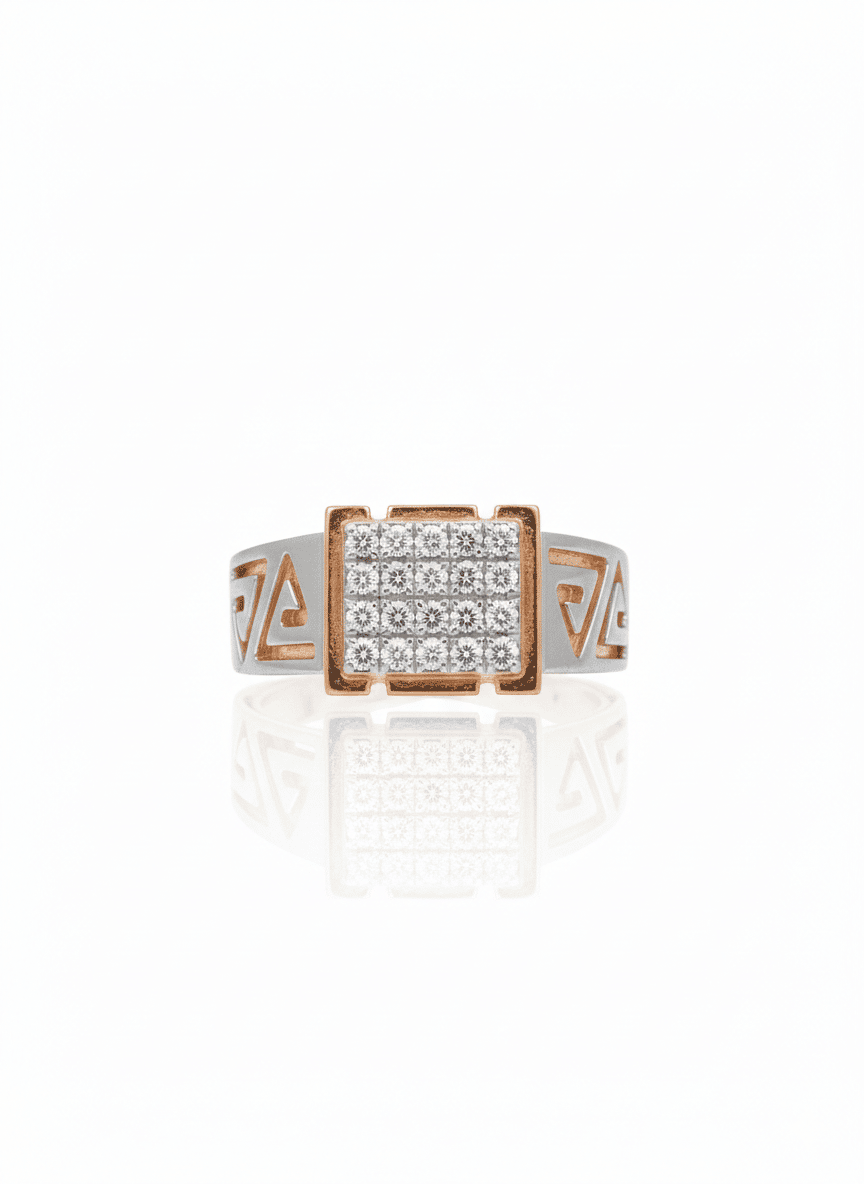 14k Dual-Tone Gold Real Diamond Grid Signet Ring With Rhodium Polish