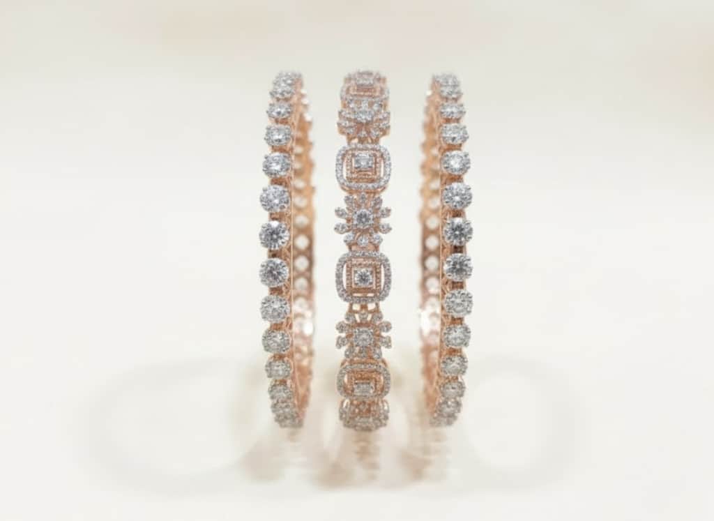 18k Gold Real Diamond Triple Stack Bangle Set With Ornate Floral Motifs