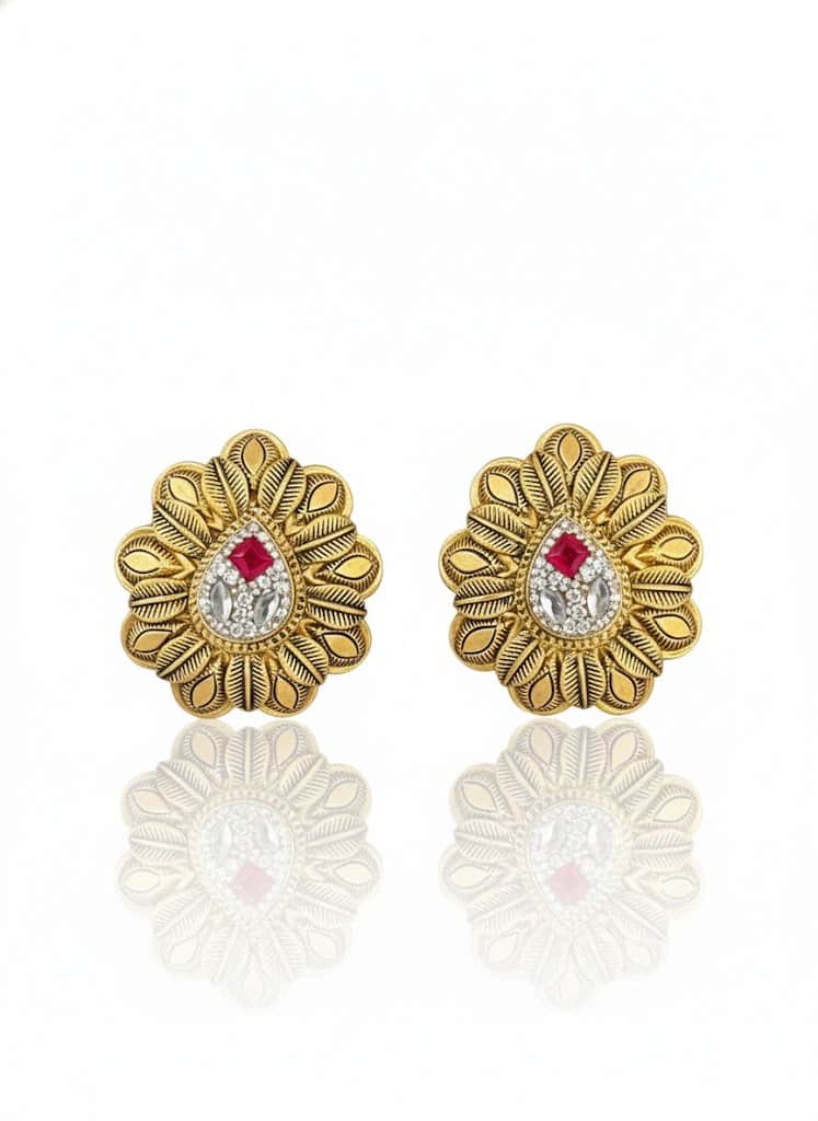 22k Gold Floral Ruby Stud Earrings With Intricate Filigree Work