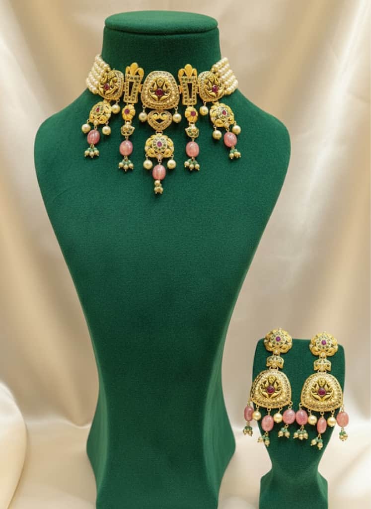22k Gold Multi-Strand Pearl Choker Set With Hand-Carved Ruby & Emerald Accents