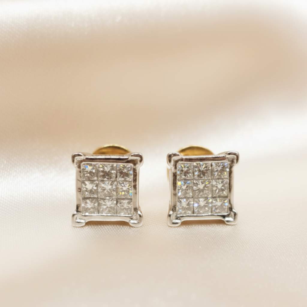 Unisex Princess Cut Diamond Cluster Studs