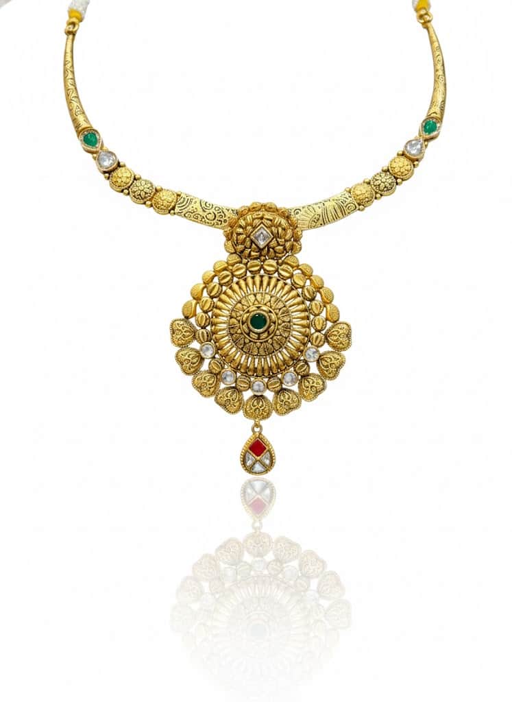 Antique Temple Jewelry Necklace And Earrings With Emeralds And Kundans