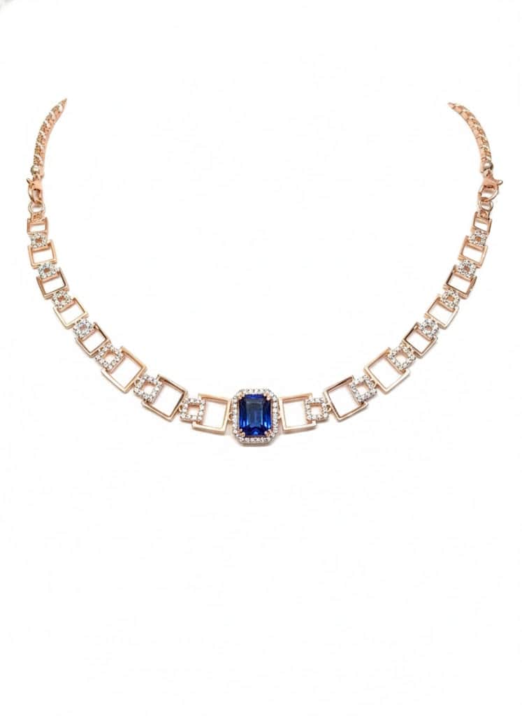 Blue Sapphire And Diamond Geometric Halo Necklace & Earring Set