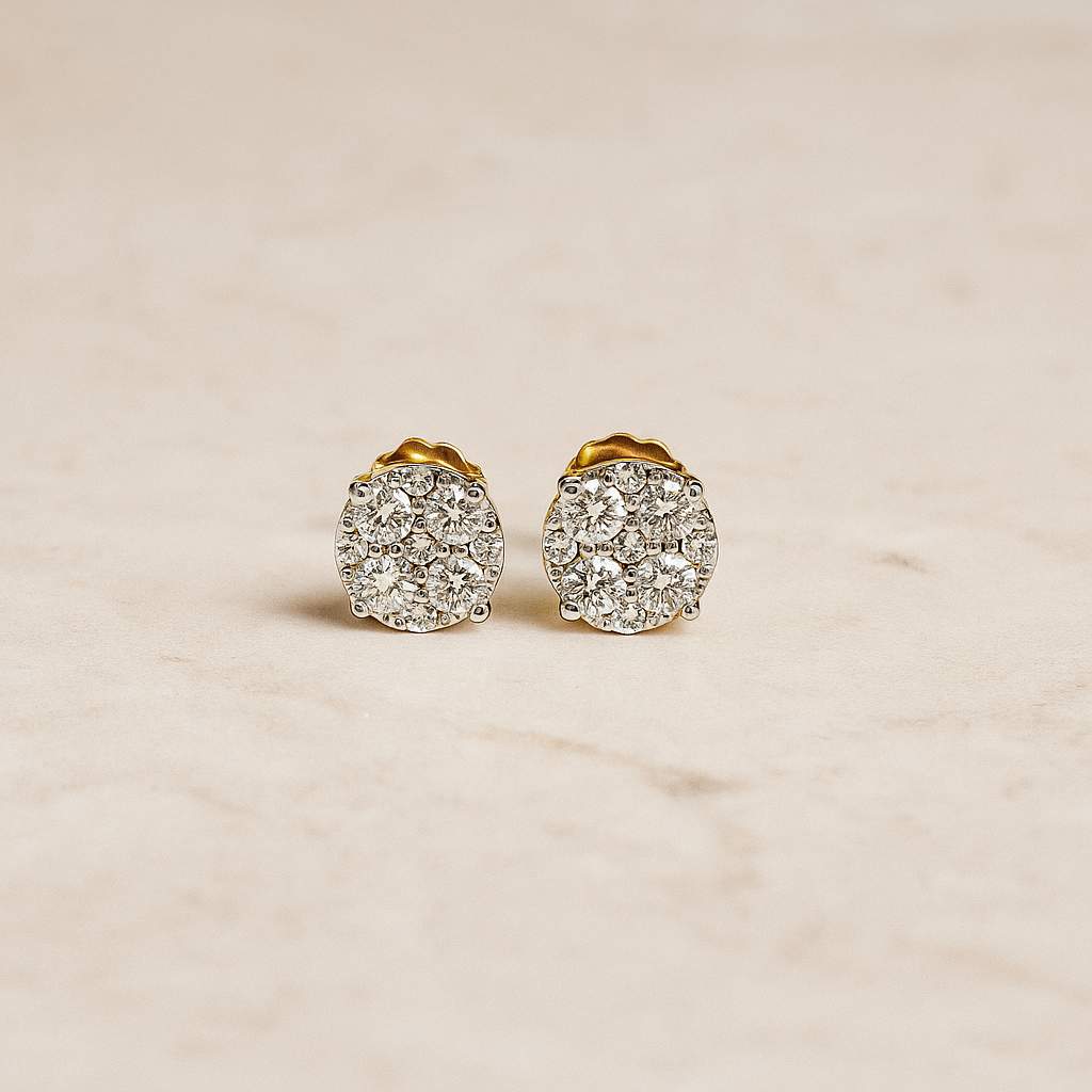 Classic Diamond Cluster Earrings Gold Studs.