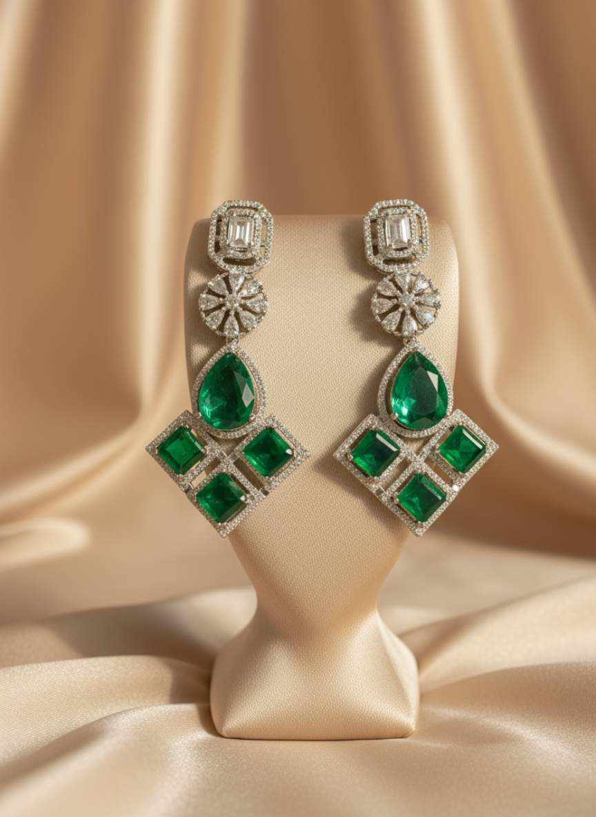 Green & Baguette Cubic Zirconia Statement Drop Earrings.