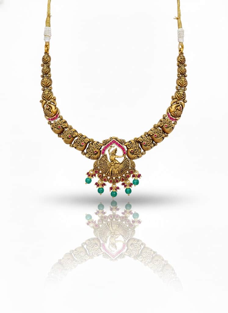 Heritage Gold Antique Temple Jewelry Set With Dancing Deity Pendant And Peacock Motifs.