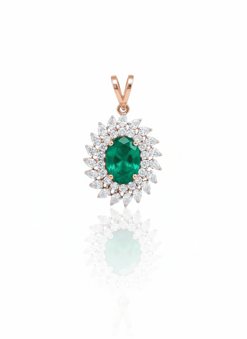 Luxury 14k Gold Real Diamond & Oval Emerald Pendant