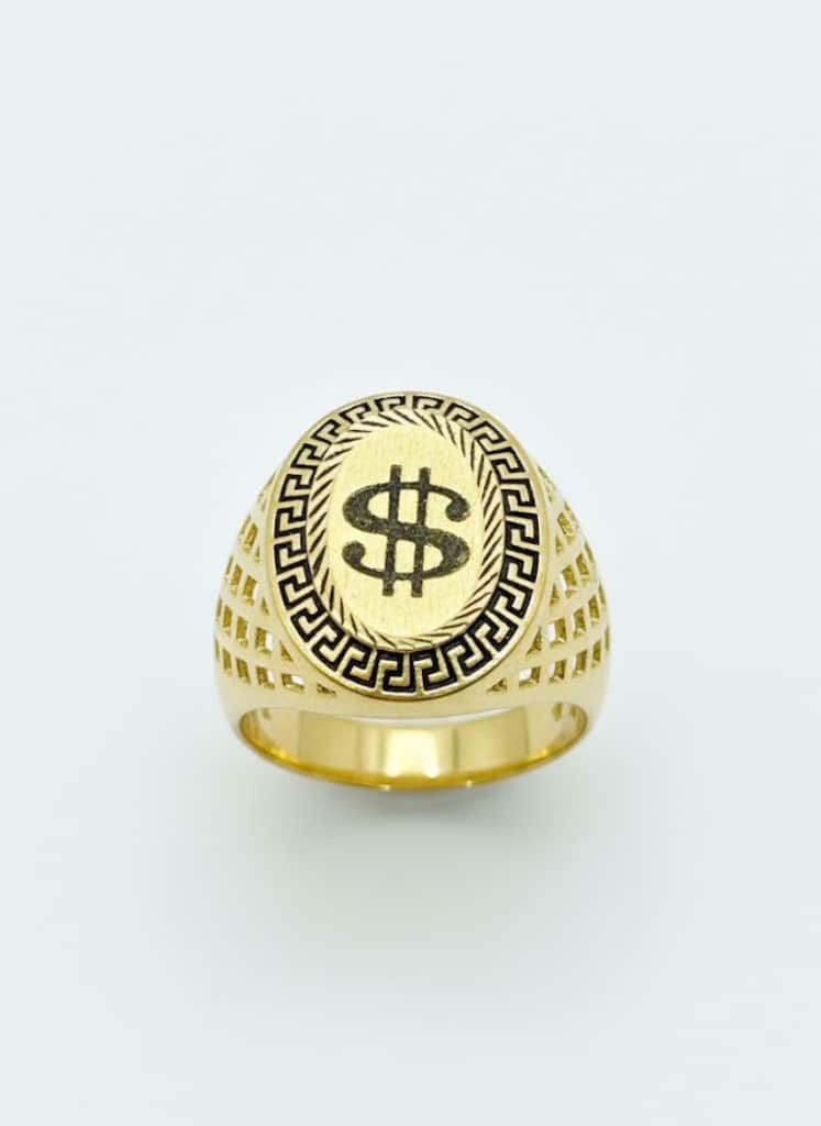 Men's 22k Gold Dollar Symbol Signet Ring With Greek Key Border