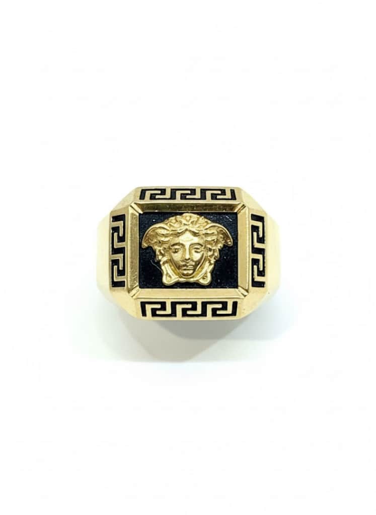 Men's 22k Gold Medusa Signet Ring With Greek Key Border & Black Inlay