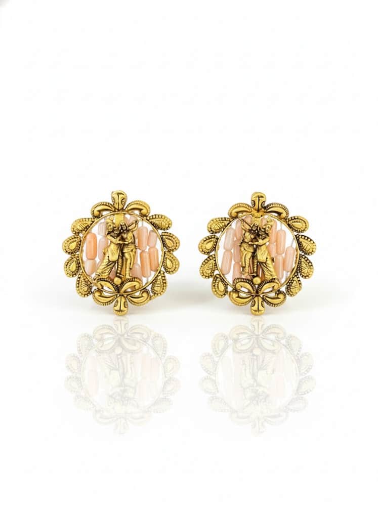 Radha Krishna 22k Gold Stud Earrings With Pink Coral Beads And Filigree Frame