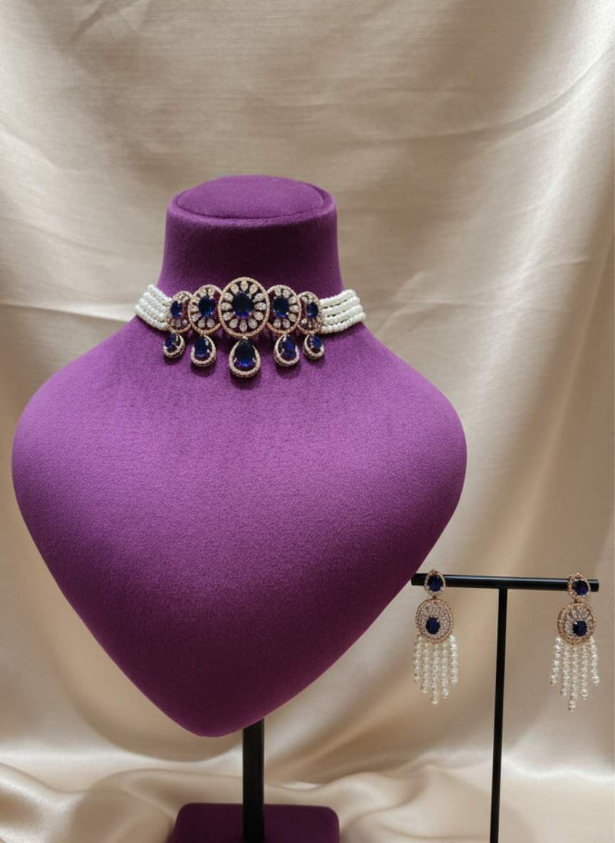 Statement Designer Diamond Rose Gold Choker With Royal Blue Stone & Pearl Tassels