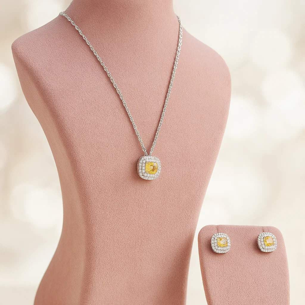 Halo Pendant Stud Earring Set With Rope Chain