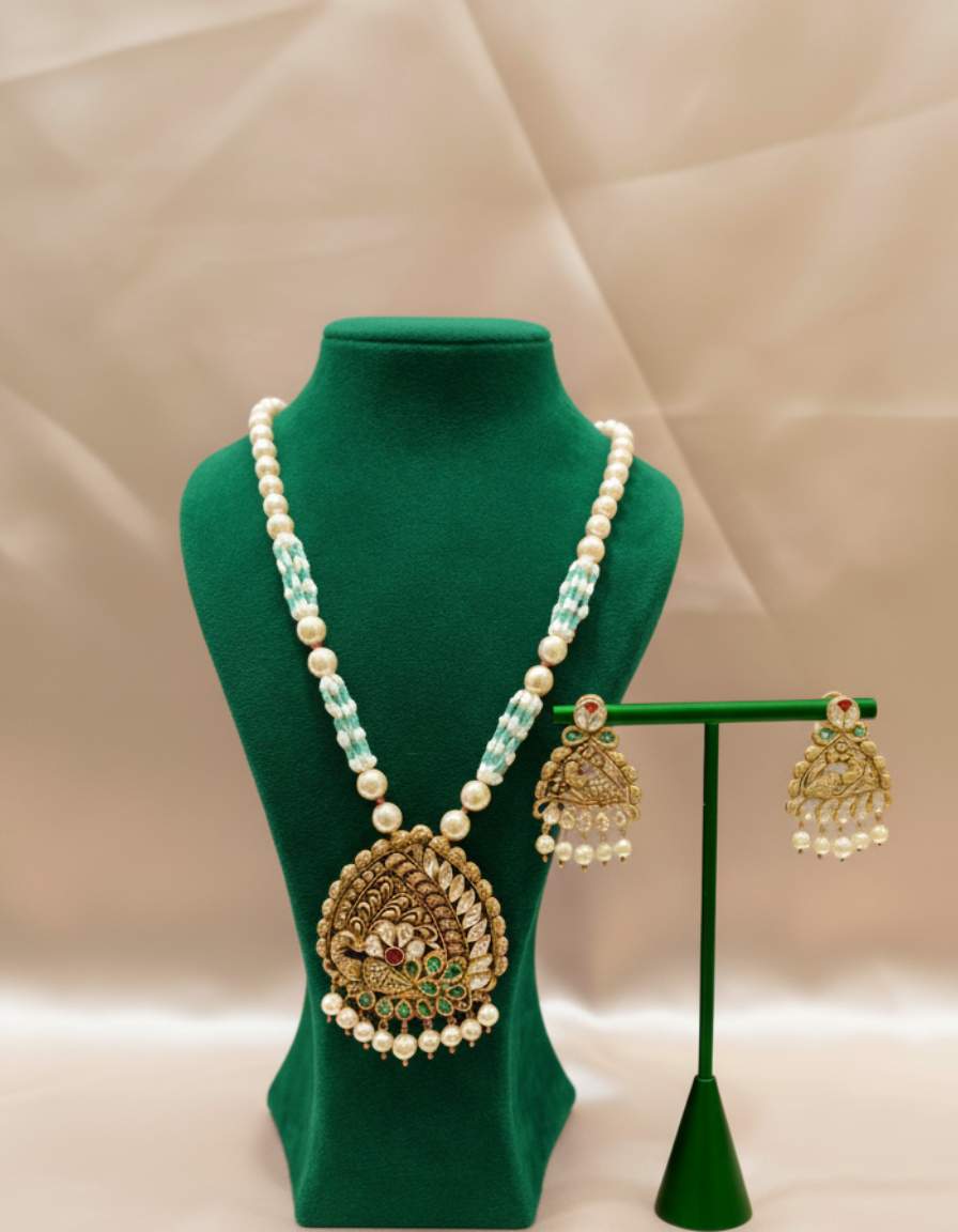Traditional 22k Gold Peacock Temple Necklace Set With Pearls