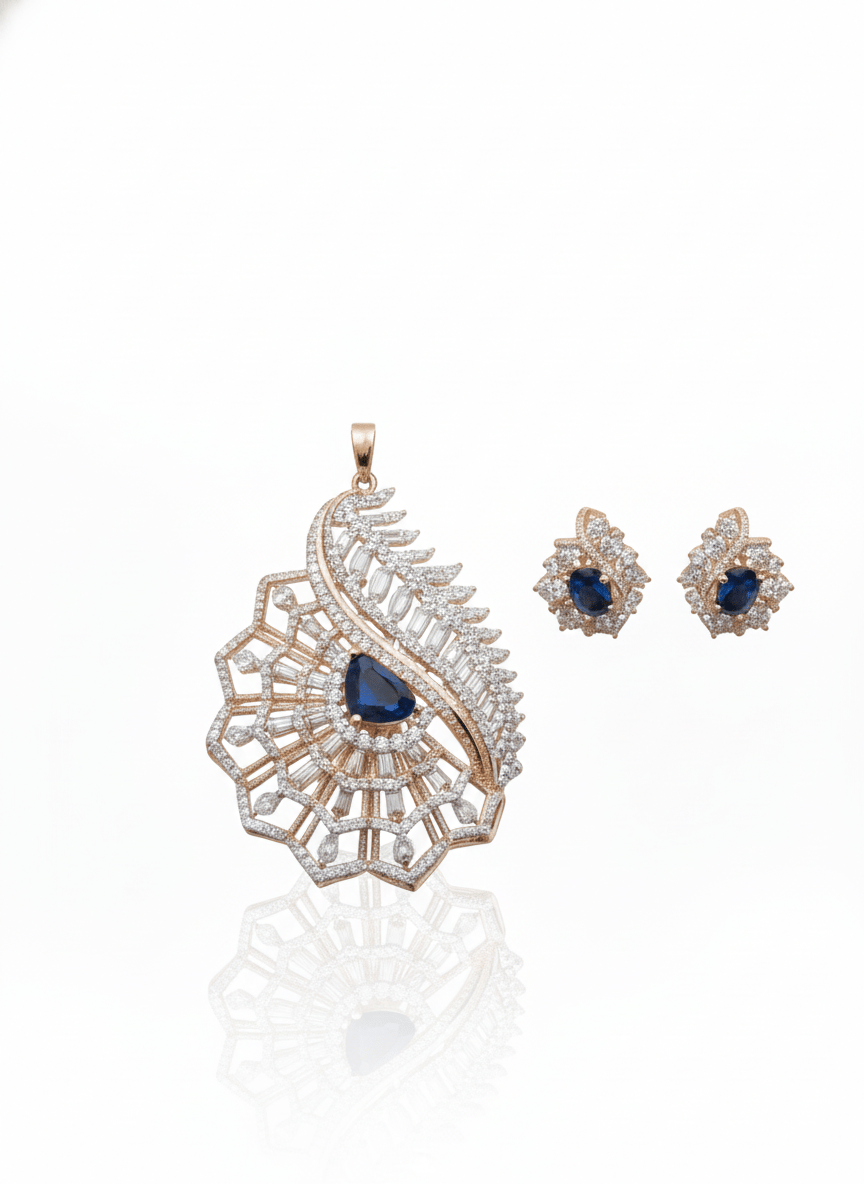 14k & 18k Gold Diamond Pave Fan Pendant Necklace With Blue Sapphire And Hasli Collar