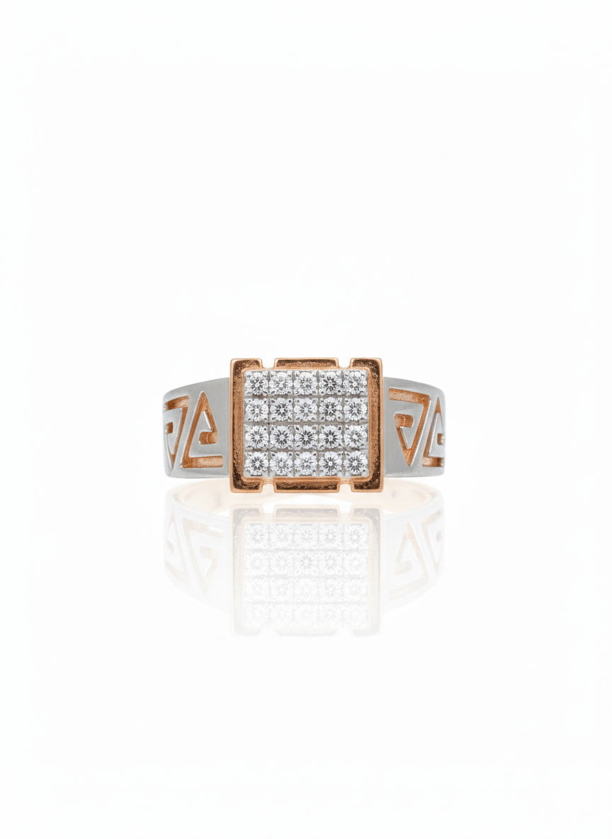 14k Dual-Tone Gold Real Diamond Grid Signet Ring With Rhodium Polish