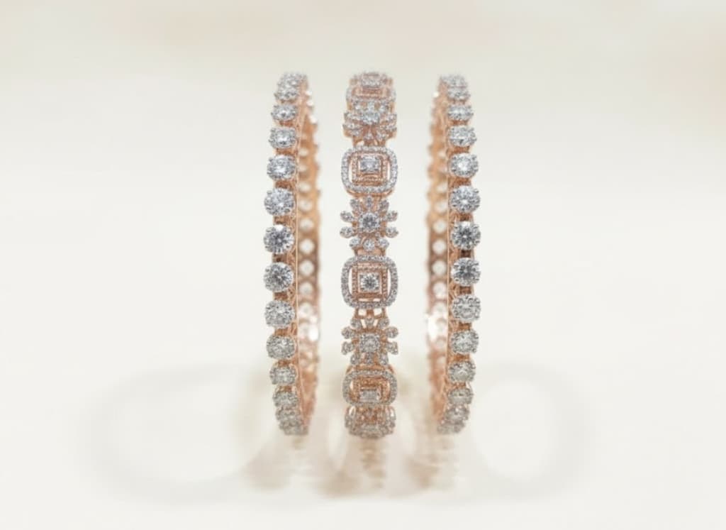18k Gold Real Diamond Triple Stack Bangle Set With Ornate Floral Motifs