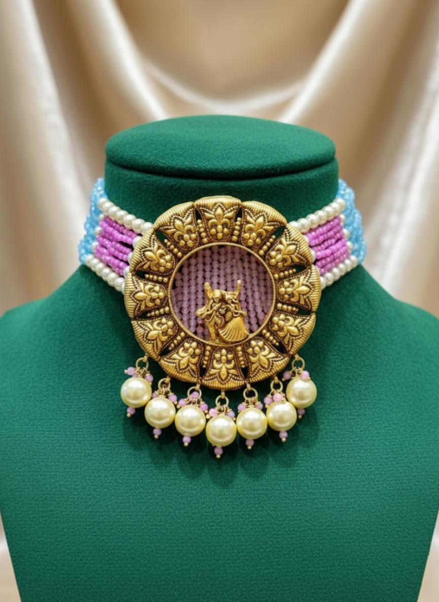 22k Gold Antique Finish Indian Traditional Beaded Bridal Choker Jewelry Set - Image 2