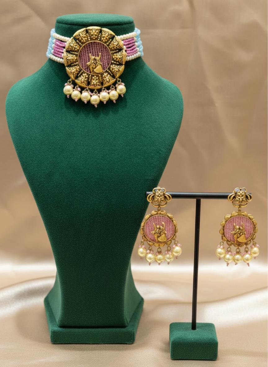22k Gold Antique Finish Indian Traditional Beaded Bridal Choker Jewelry Set