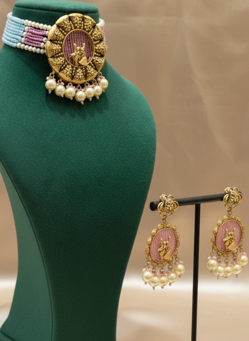22k Gold Antique Finish Indian Traditional Beaded Bridal Choker Jewelry Set - Image 3