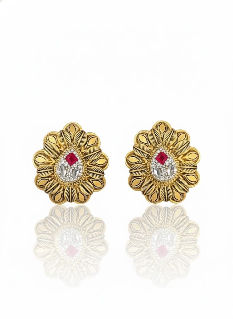 22k Gold Floral Ruby Stud Earrings With Intricate Filigree Work