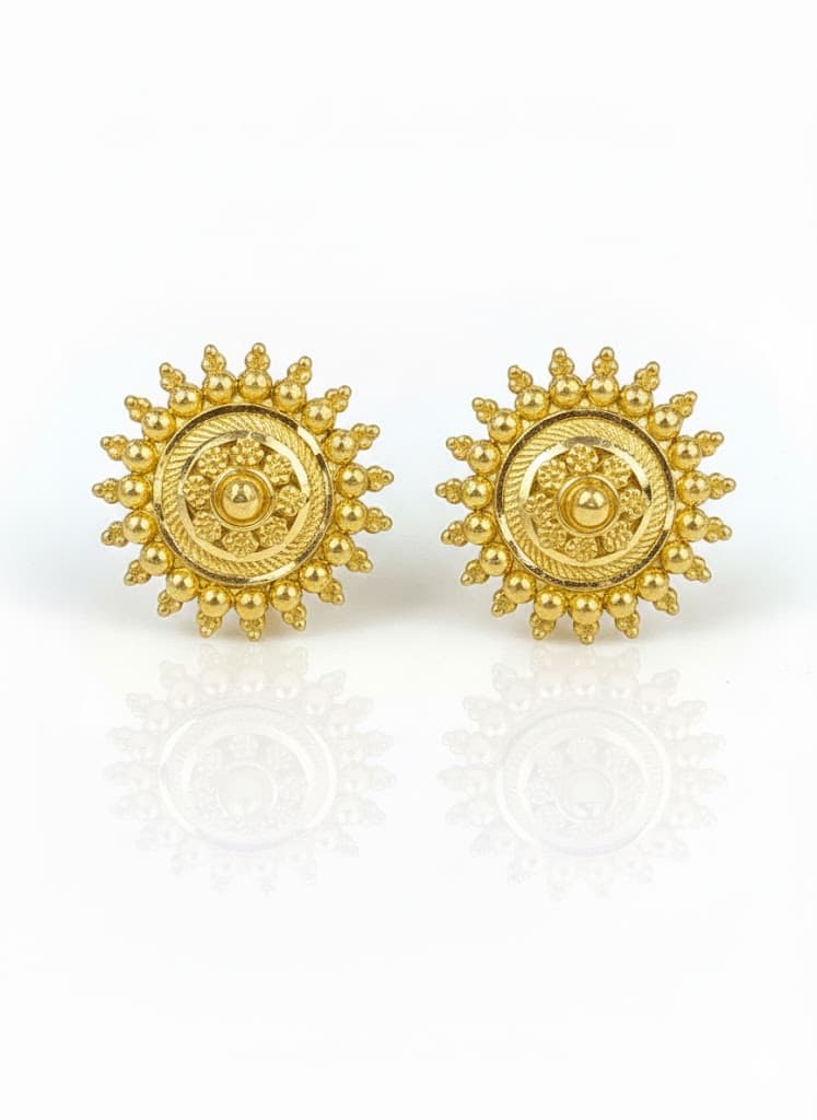 22k Yellow Gold Sunburst Floral Stud Earrings With Granulation Detail