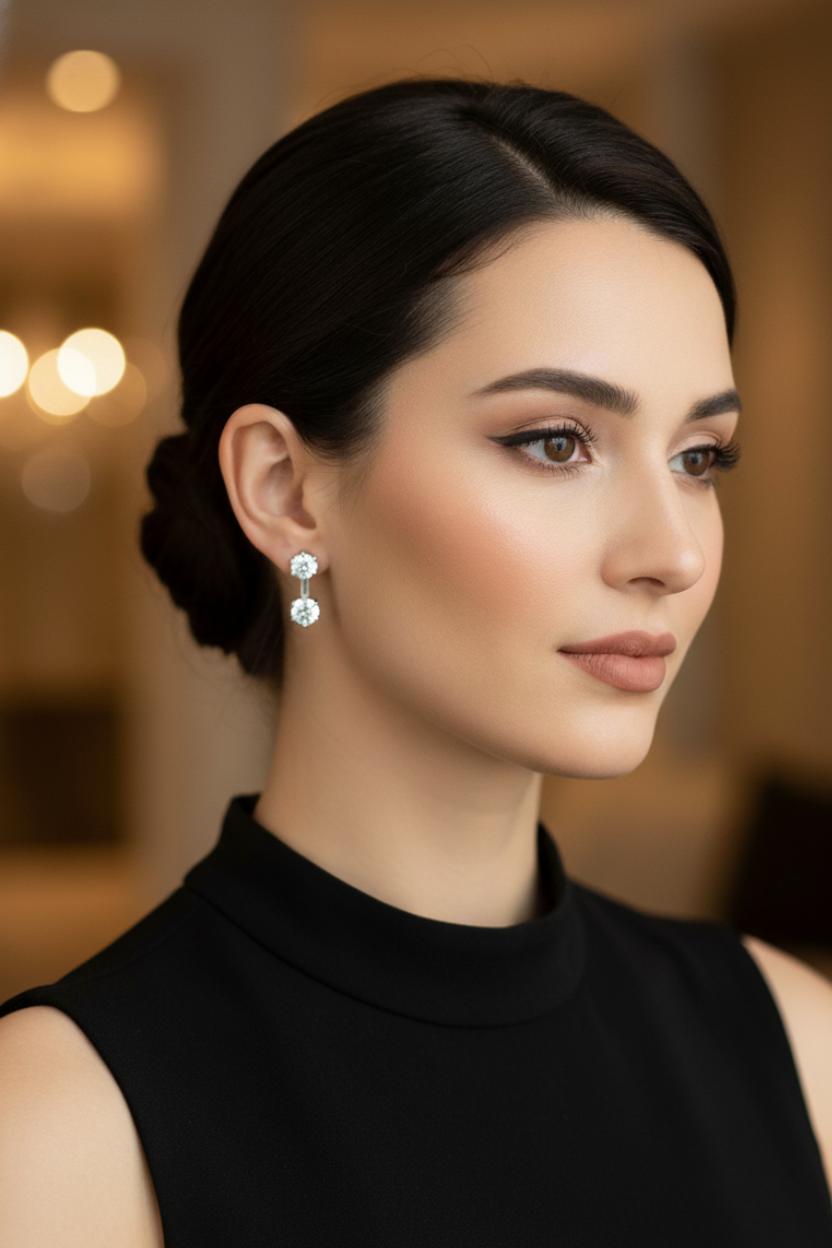  Classic Double Round Cubic Zirconia Drop Stud Earrings - Image 3