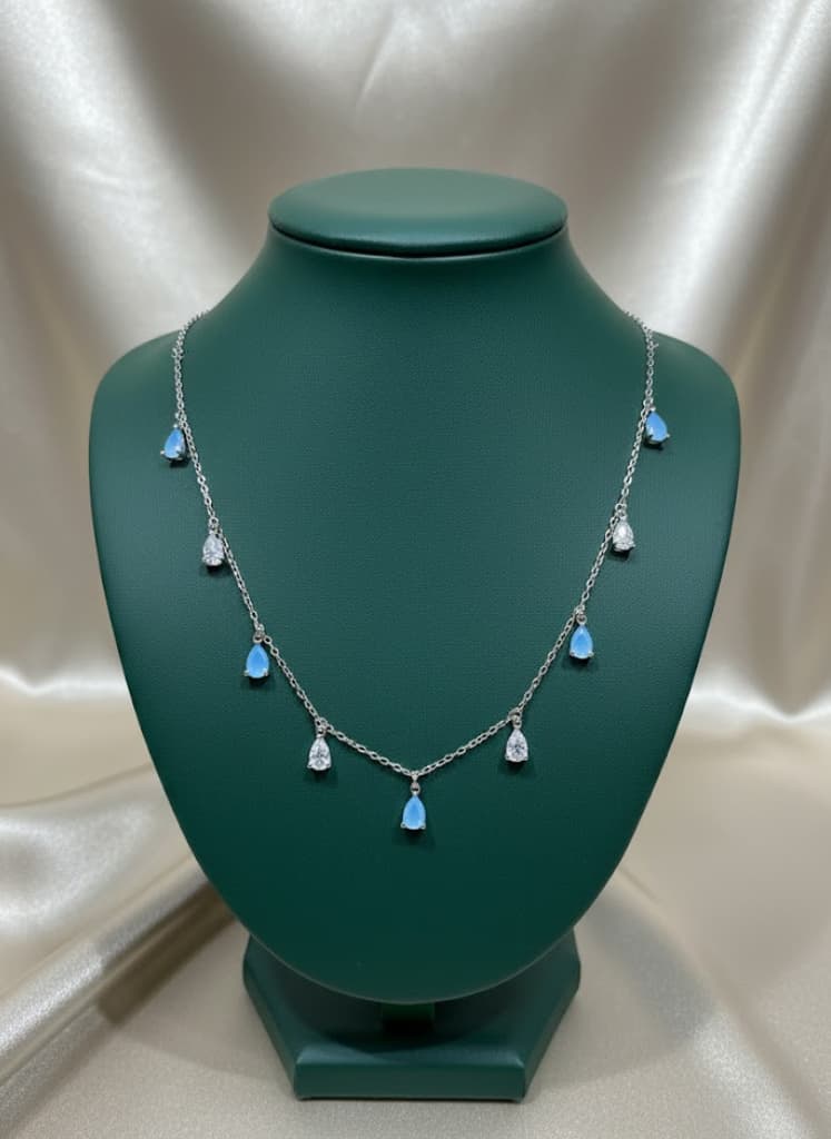 Cubic Zirconia Blue White Teardrop Dangle Necklace