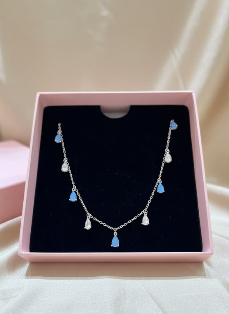 Cubic Zirconia Blue White Teardrop Dangle Necklace - Image 3