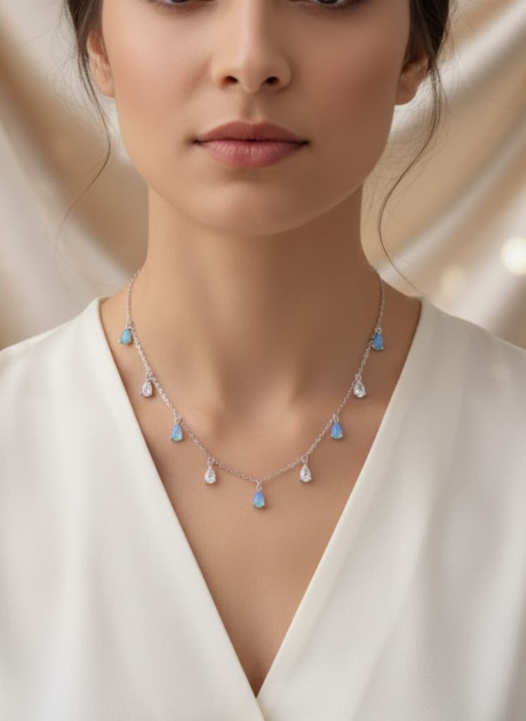 Cubic Zirconia Blue White Teardrop Dangle Necklace - Image 4