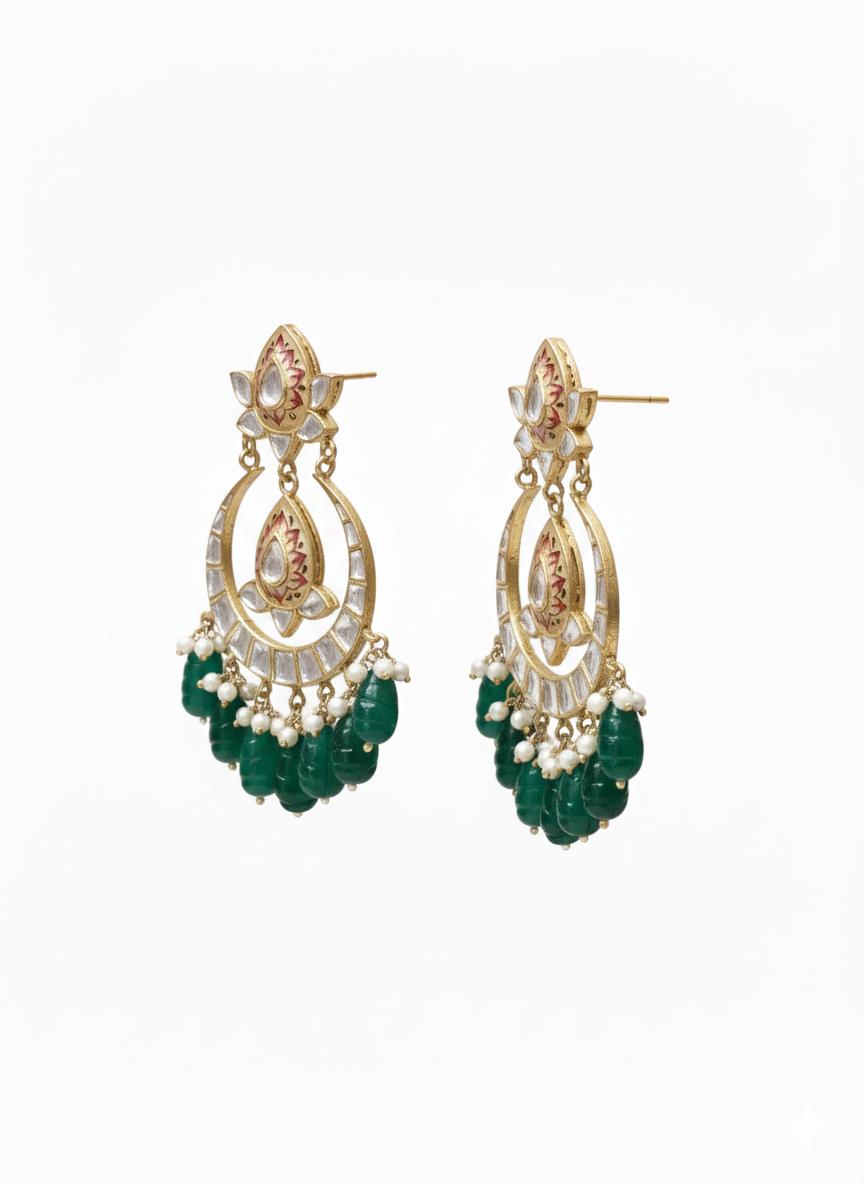 Emerald Beads Moissanite Polki Chandbali Earrings  - Image 7