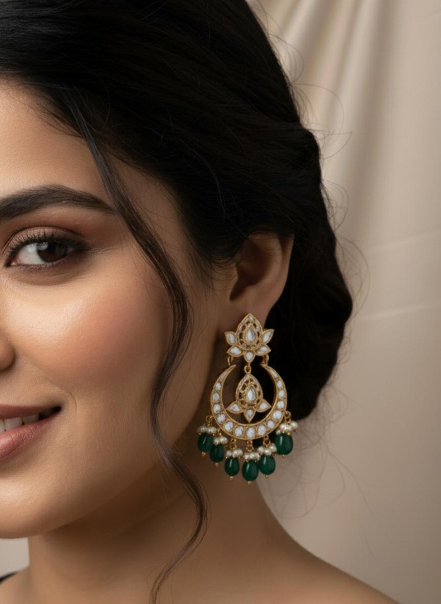 Emerald Beads Moissanite Polki Chandbali Earrings  - Image 5