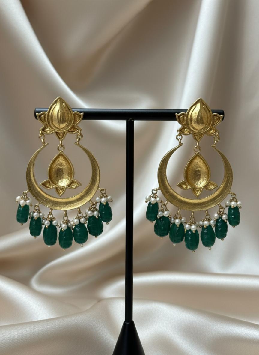 Emerald Beads Moissanite Polki Chandbali Earrings  - Image 4