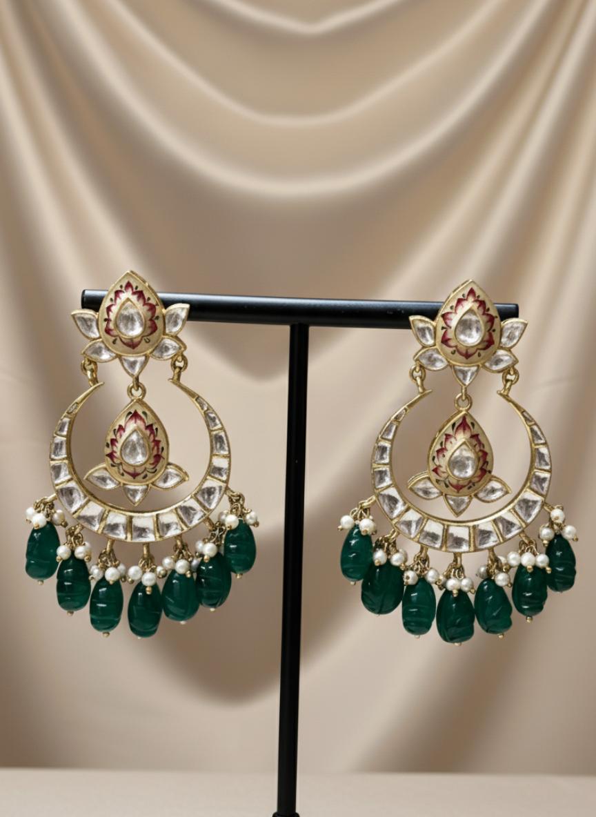 Emerald Beads Moissanite Polki Chandbali Earrings  - Image 2
