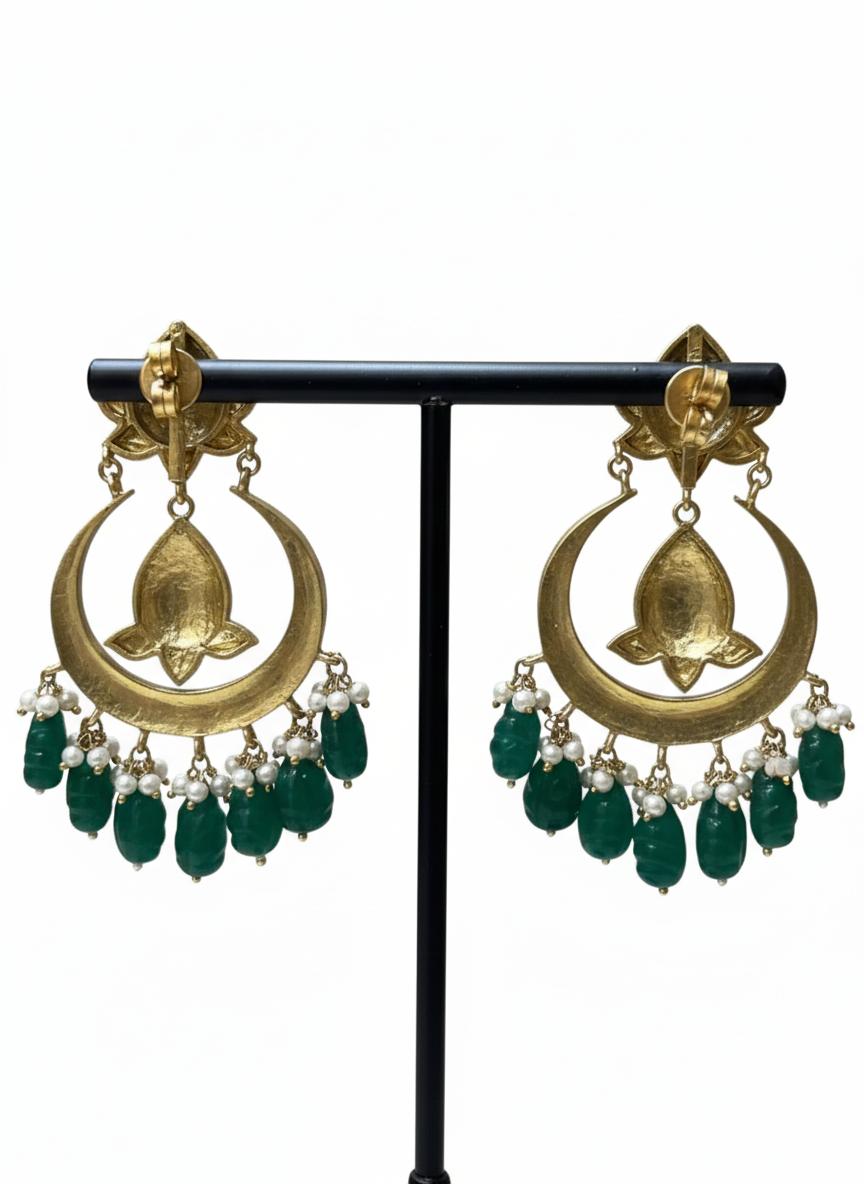 Emerald Beads Moissanite Polki Chandbali Earrings  - Image 6