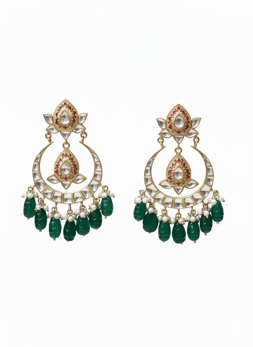 Emerald Beads Moissanite Polki Chandbali Earrings