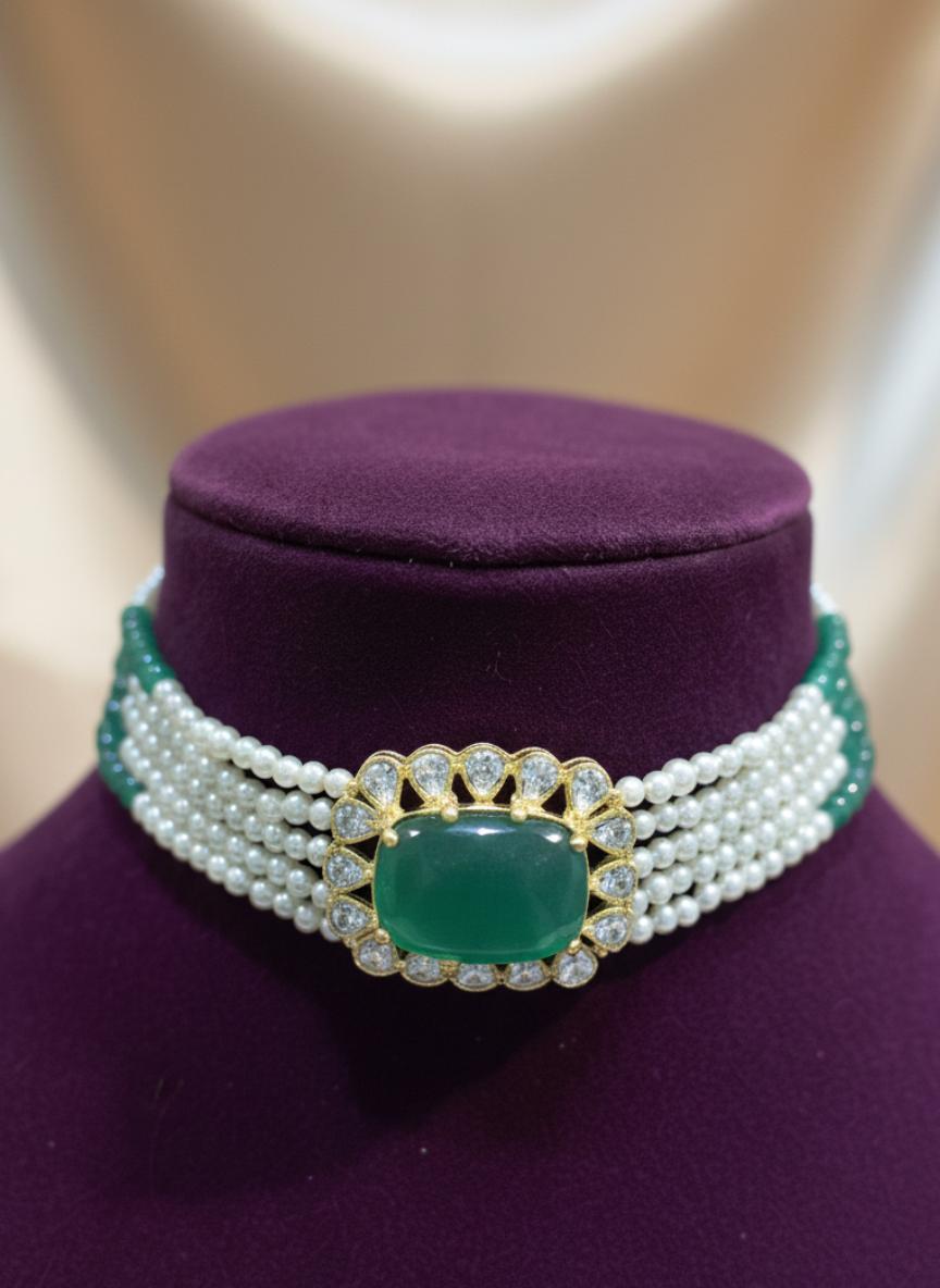 Emerald Green Beaded Cubic Zirconia Choker Necklace - Image 2