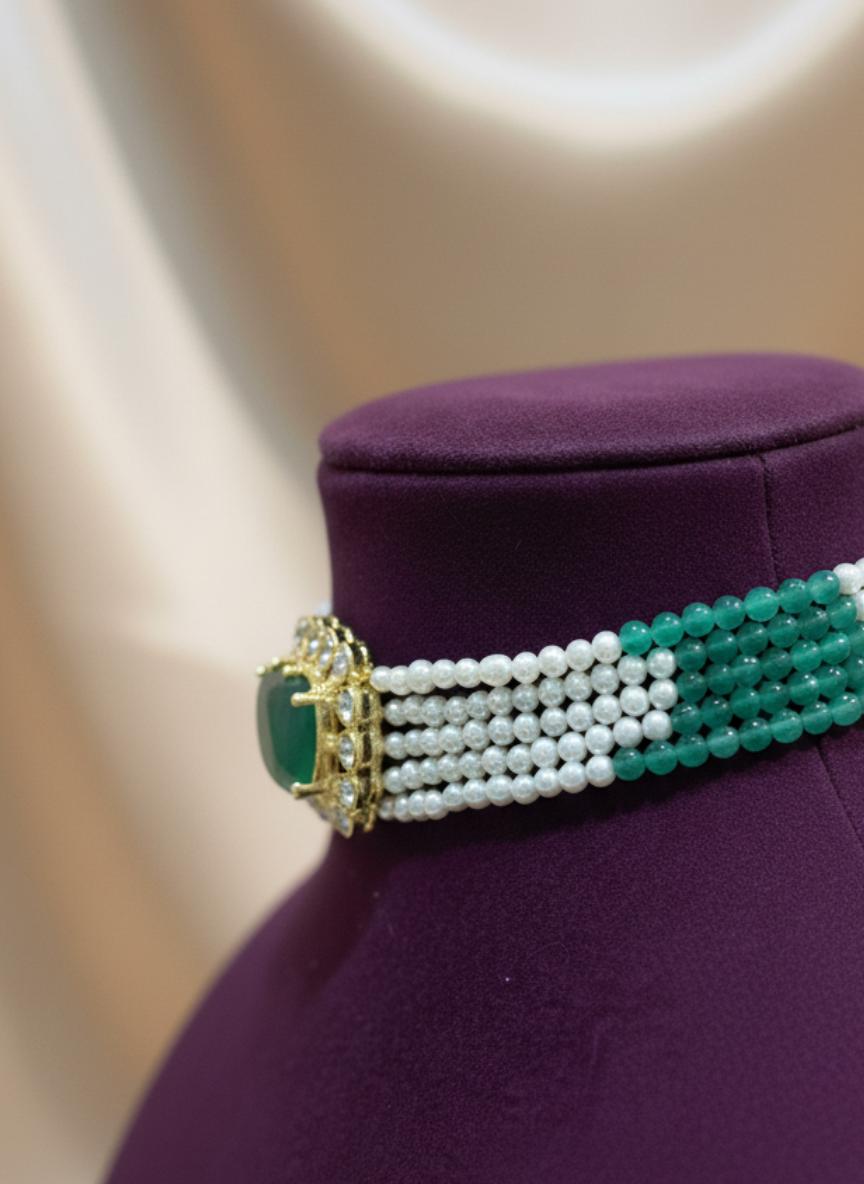 Emerald Green Beaded Cubic Zirconia Choker Necklace - Image 3