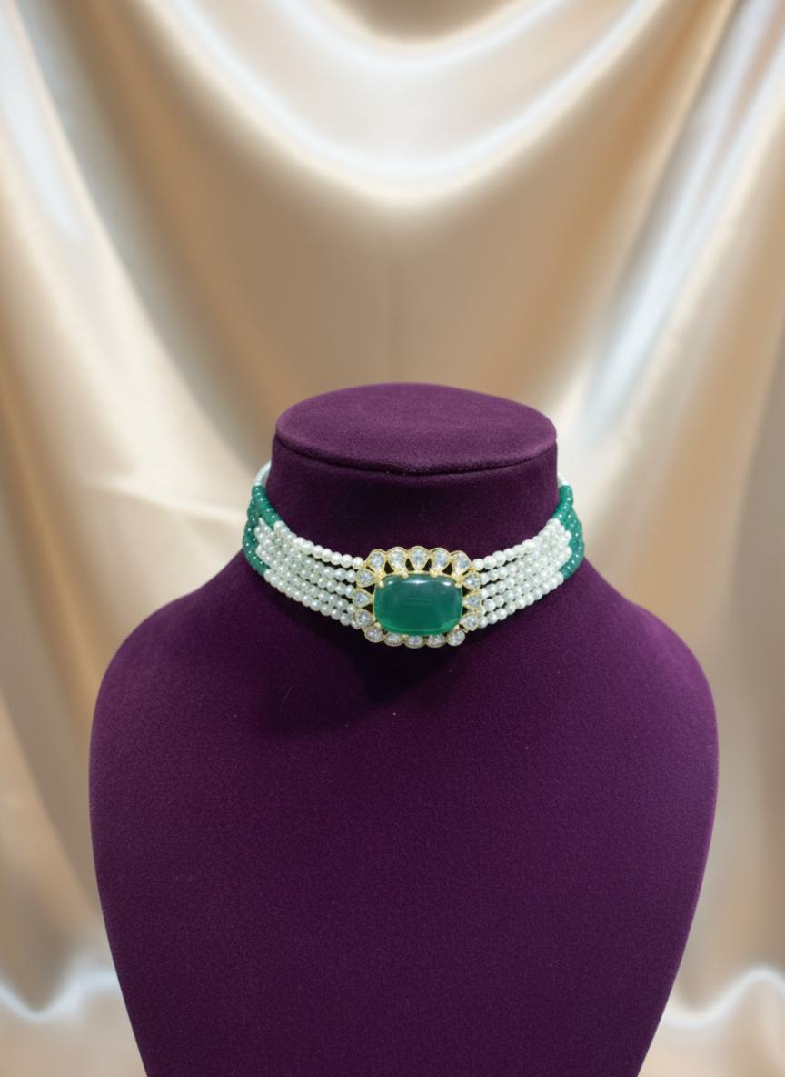 Emerald Green Beaded Cubic Zirconia Choker Necklace