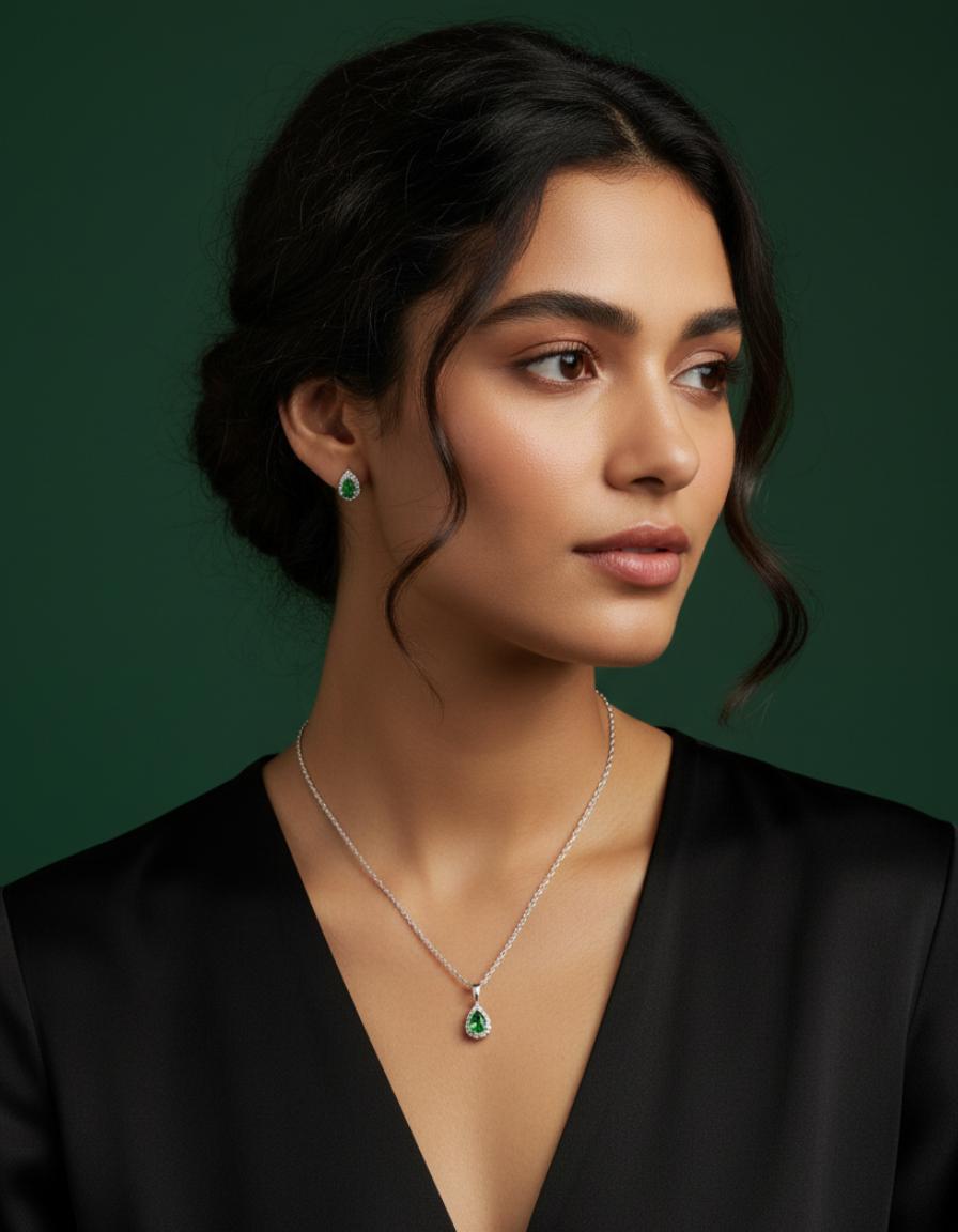 Green Pear Cubic Zirconia Necklace Earring Set - Image 4