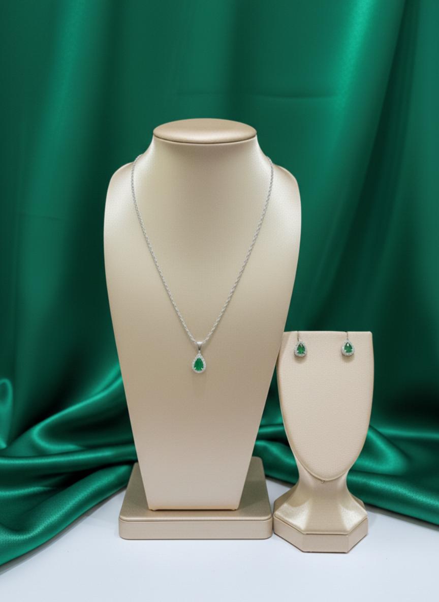 Green Pear Cubic Zirconia Necklace Earring Set