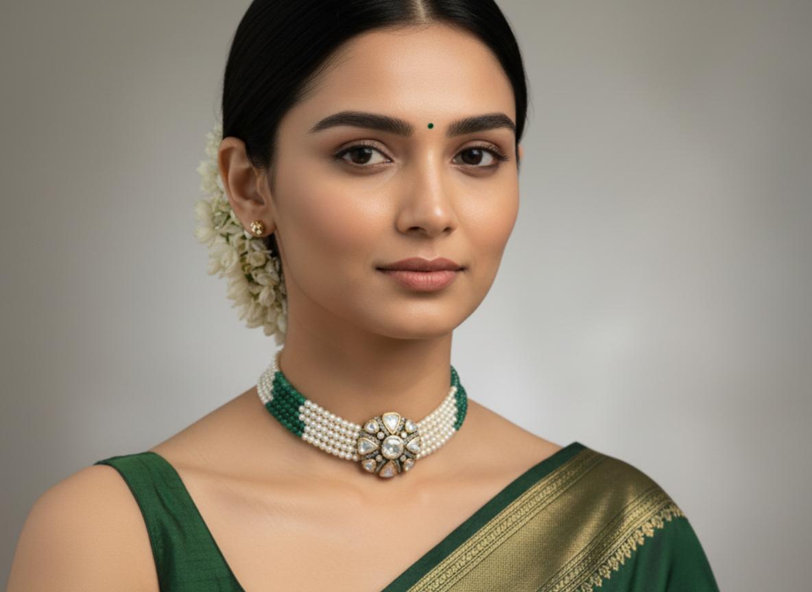 Kundan Polki Style Cubic Zirconia Pearl Choker - Image 4