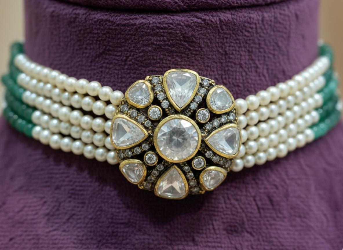 Kundan Polki Style Cubic Zirconia Pearl Choker - Image 2