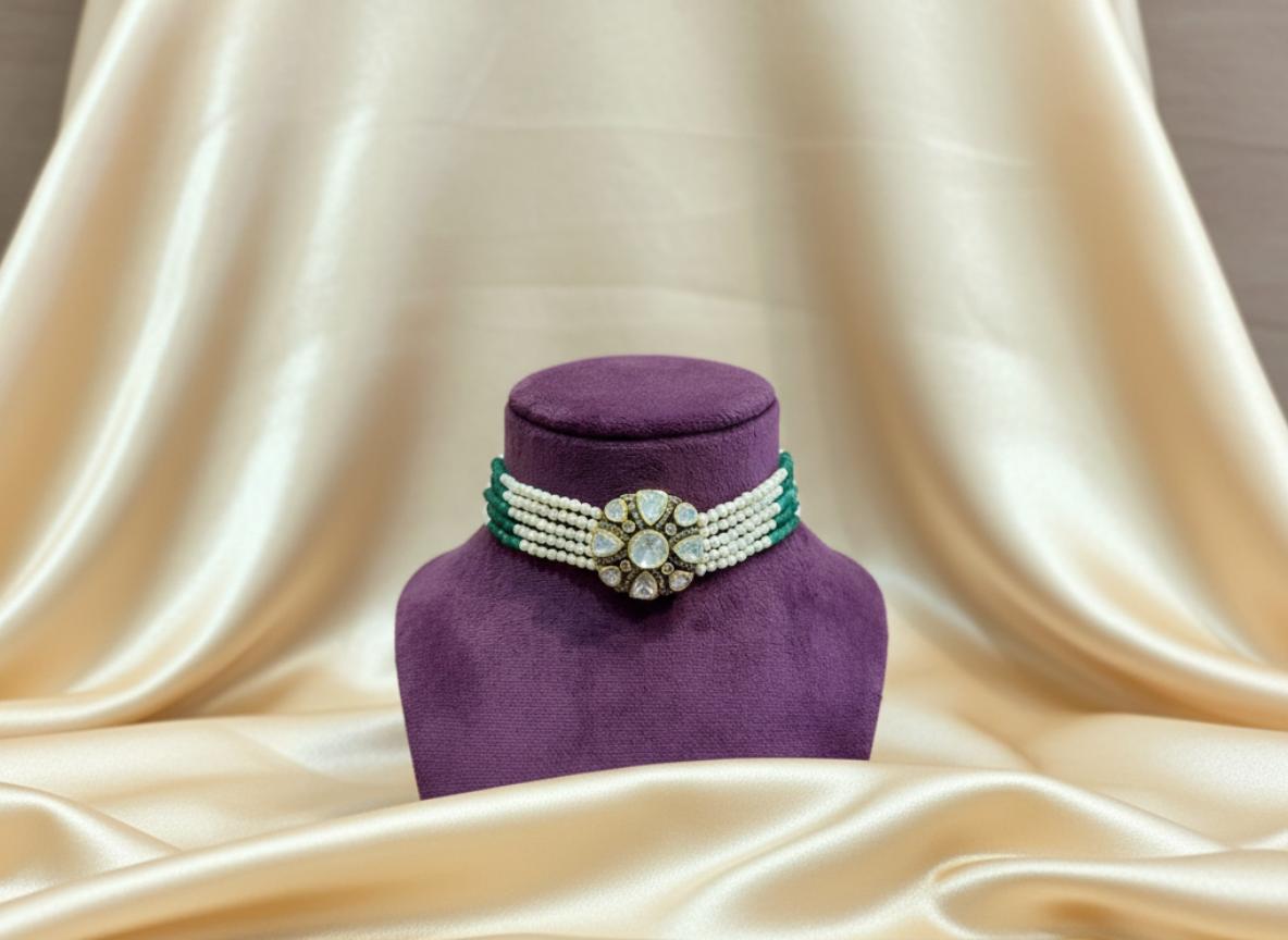 Kundan Polki Style Cubic Zirconia Pearl Choker