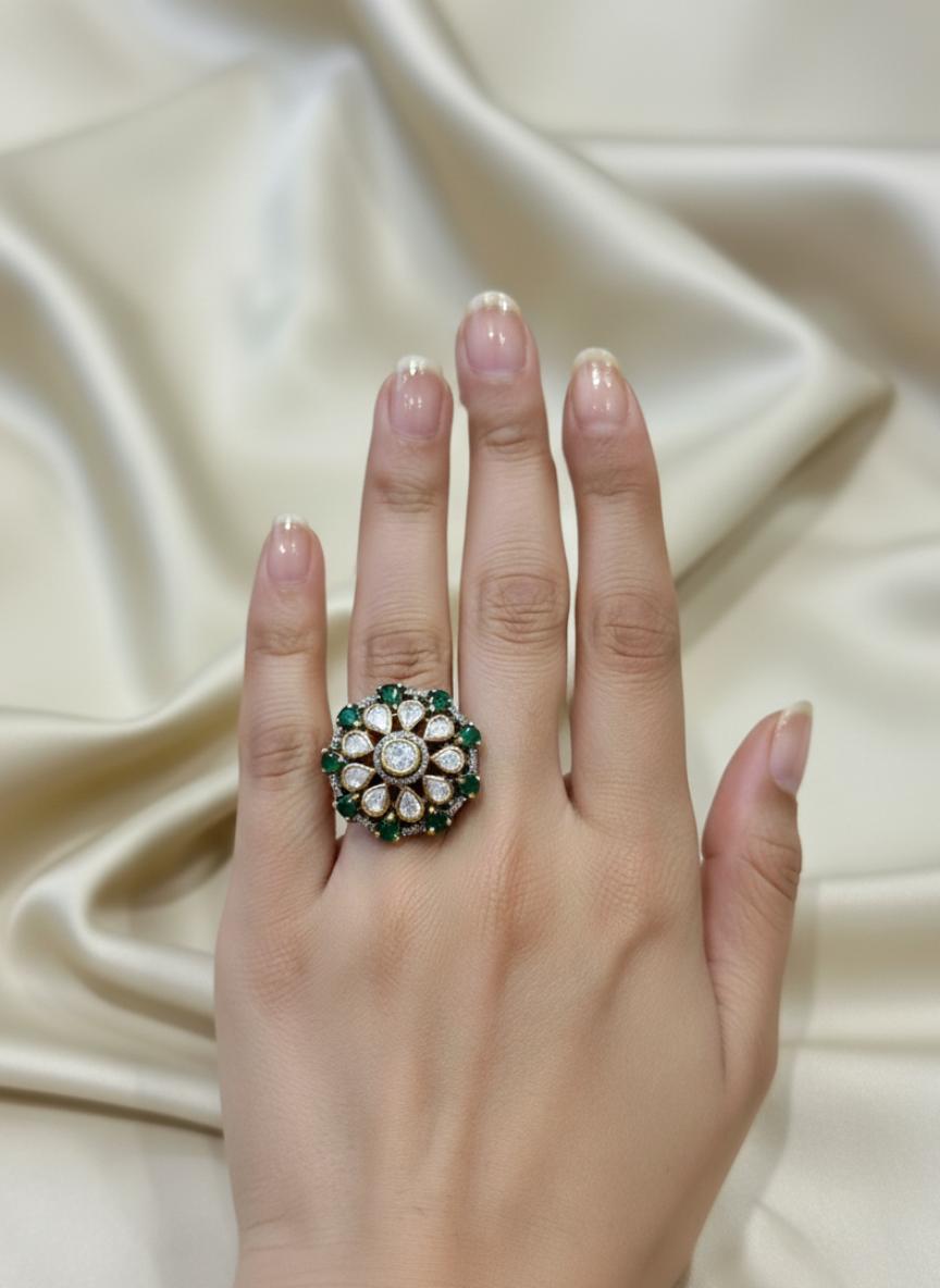 Kundan Style Cubic Zirconia Flower Cocktail Ring - Image 4