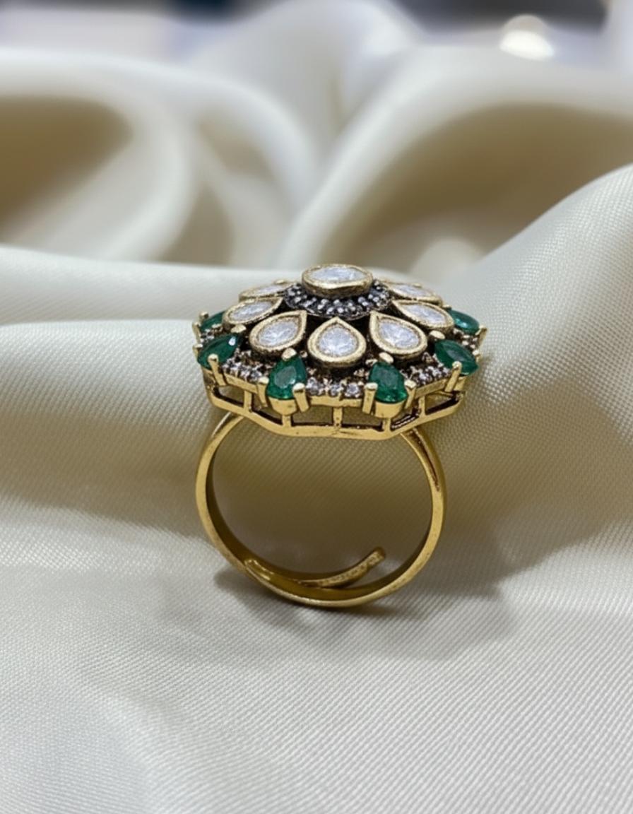 Kundan Style Cubic Zirconia Flower Cocktail Ring - Image 2