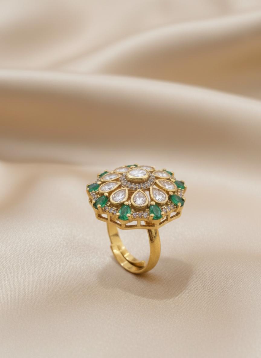 Kundan Style Cubic Zirconia Flower Cocktail Ring - Image 3