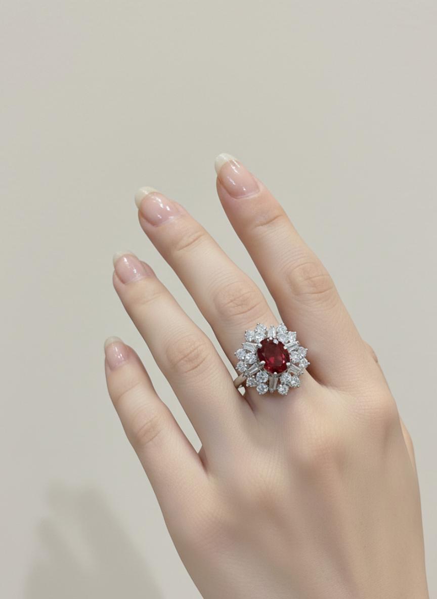 Red Ruby Cubic Zirconia Flower Cluster Cocktail Ring - Image 4