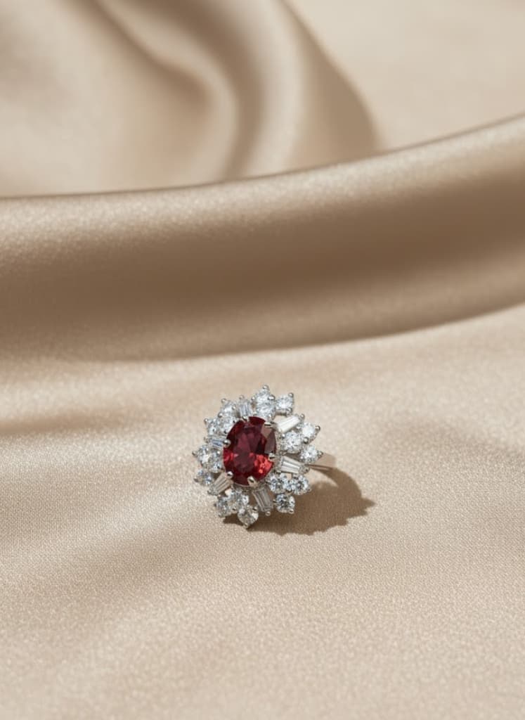 Red Ruby Cubic Zirconia Flower Cluster Cocktail Ring - Image 2