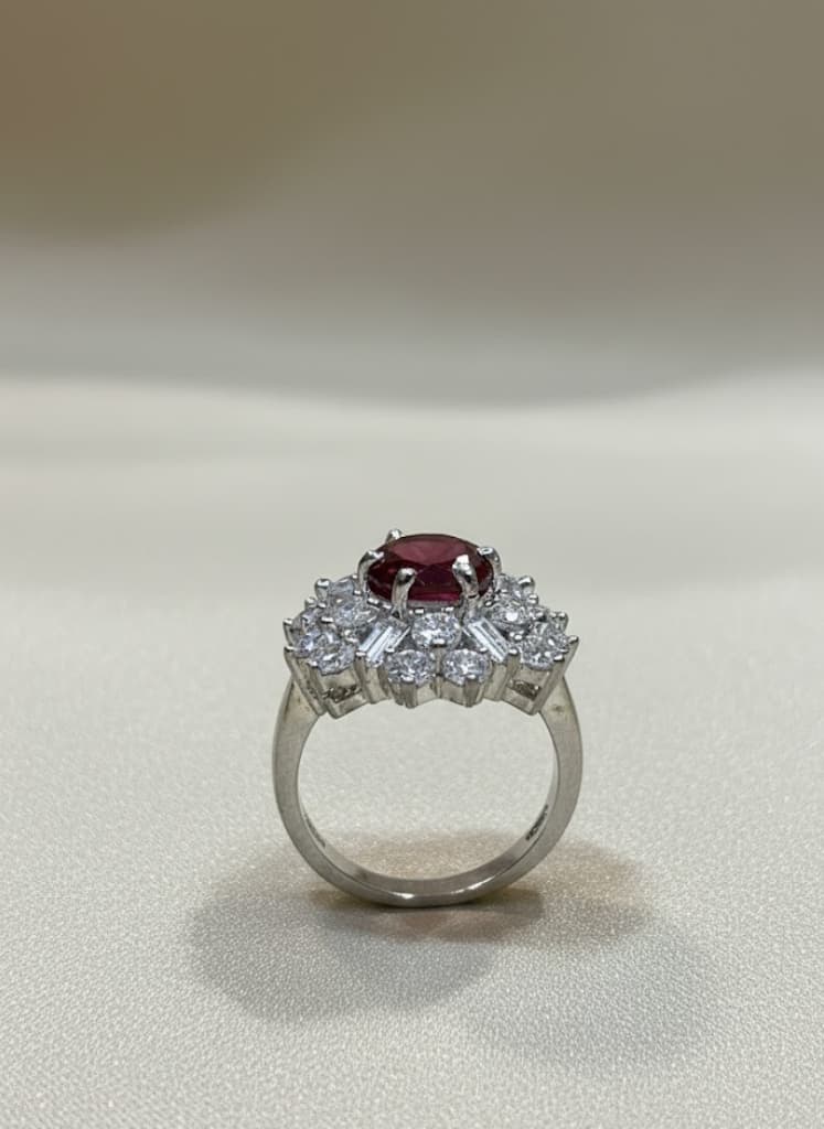 Red Ruby Cubic Zirconia Flower Cluster Cocktail Ring - Image 3