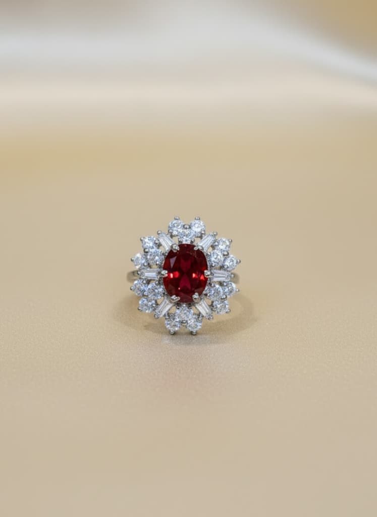 Red Ruby Cubic Zirconia Flower Cluster Cocktail Ring